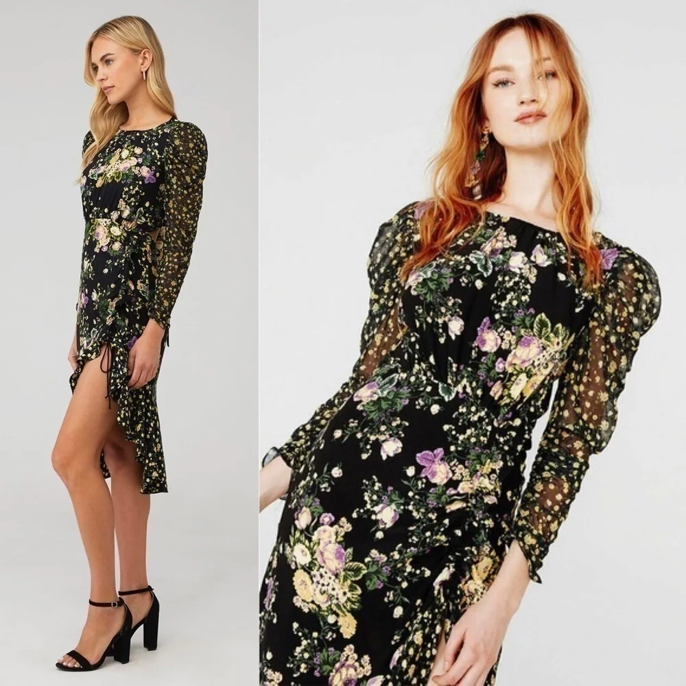 FOR LOVE & LEMONS Floral Long Sleeve Cutout Tie Back Ruched Ruffle Midi Dress XS